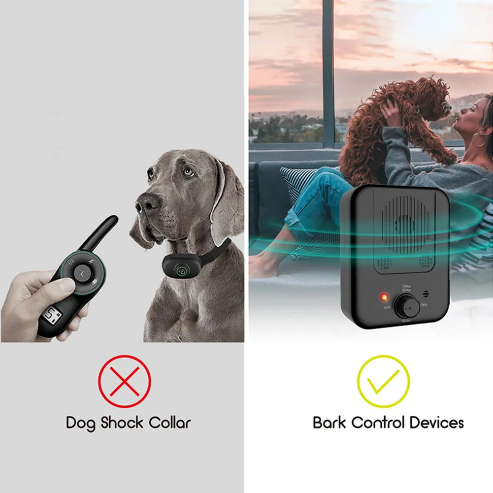 Anit dog barking device eliminates the use of dog shock collars or muzzles to stop excessive dog barking
