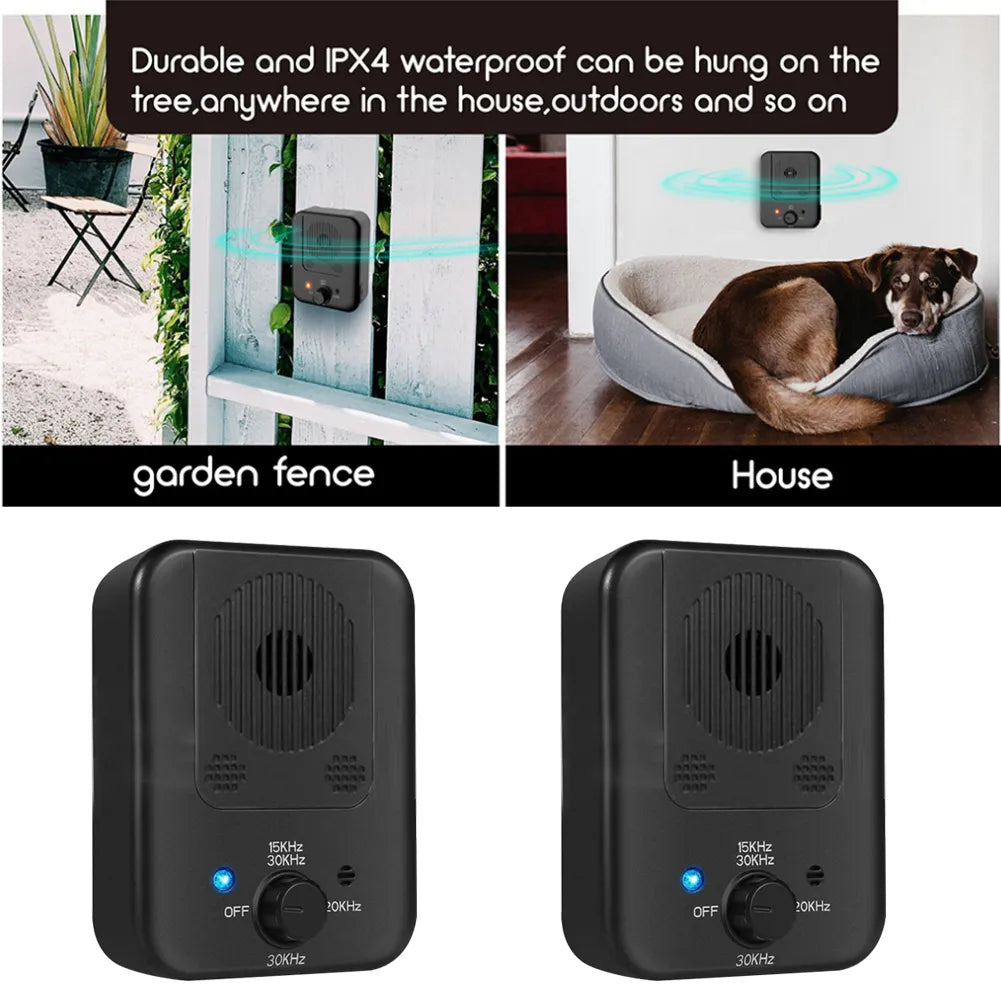 Anti dog barking device made from IPX4 waterproof material. It can place on walls, fences, and trees. It can be carried to out door events and great for camping