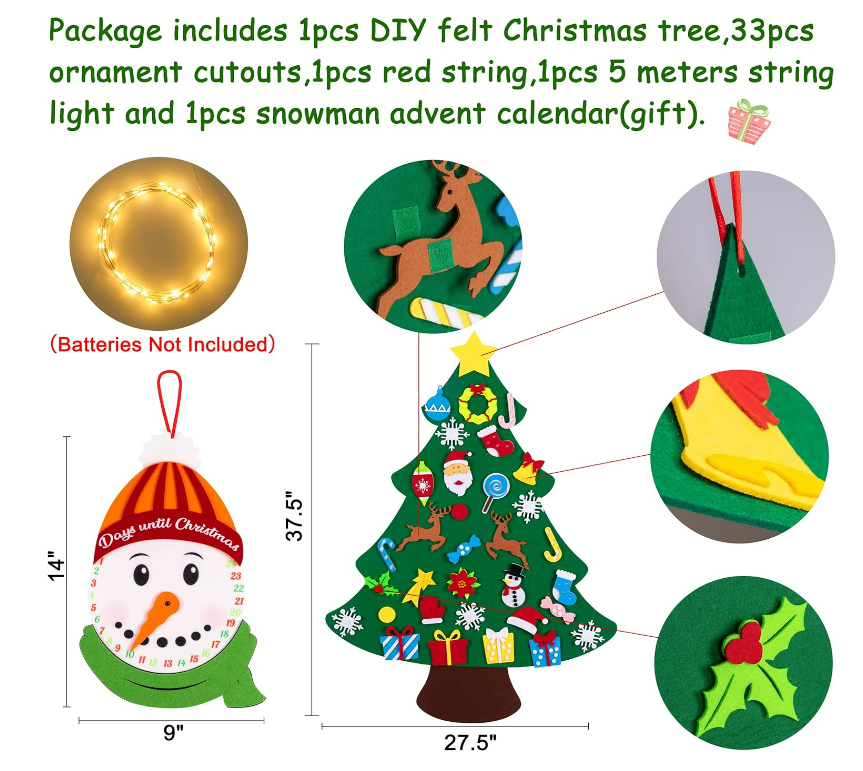 Montessori-inspired 3D Felt Christmas Tree Decoration| String Lights Optional